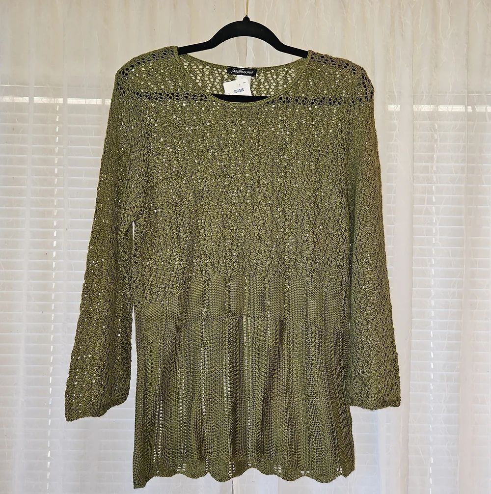 Jason Maxwell 3/4 Sleeve Olive Crochet Longline Sweater